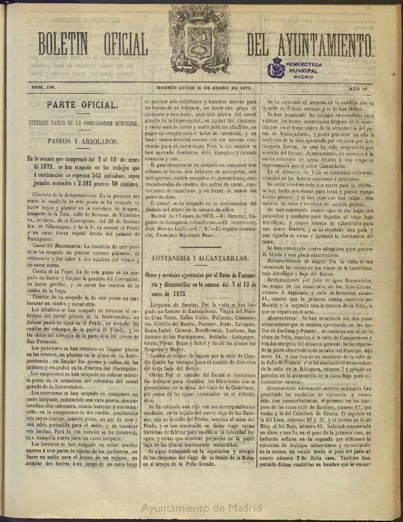 Miniatura de Boletín Oficial del Ayuntamiento de Madrid del 15 de enero de 1872, nº 158