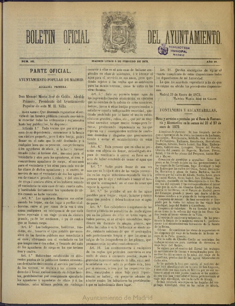 Miniatura de Boletín Oficial del Ayuntamiento de Madrid del 5 de febrero de 1872, nº 161