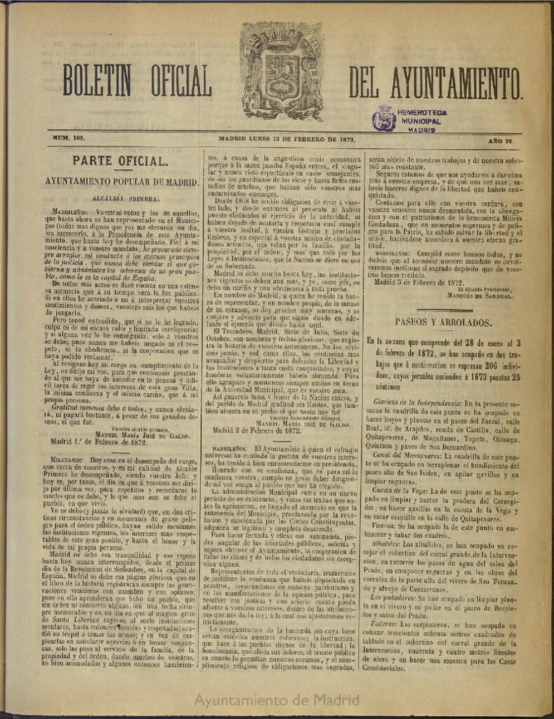 Miniatura de Boletín Oficial del Ayuntamiento de Madrid del 12 de febrero de 1872, nº 162