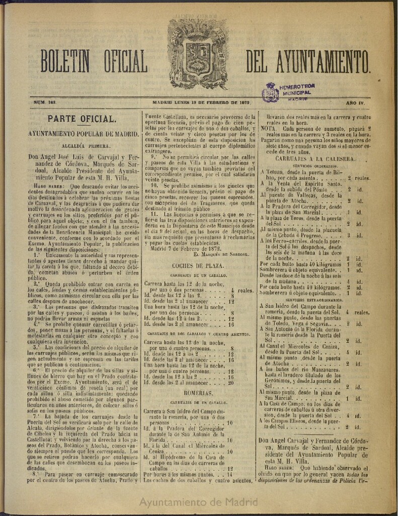 Miniatura de Boletín Oficial del Ayuntamiento de Madrid del 19 de febrero de 1872, nº 163