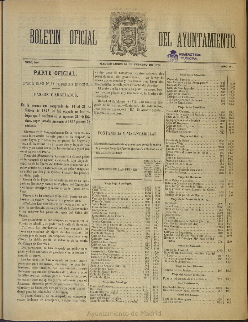 Miniatura de Boletín Oficial del Ayuntamiento de Madrid del 26 de febrero de 1872, nº 164