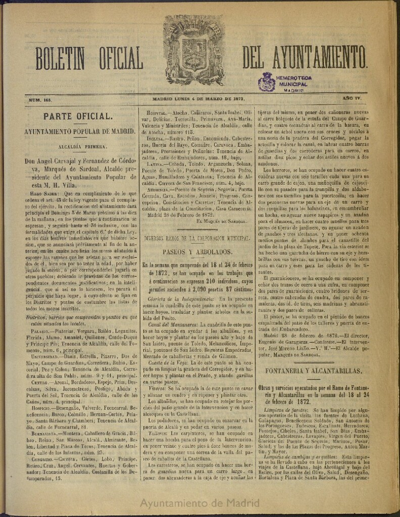 Miniatura de Boletín Oficial del Ayuntamiento de Madrid del 4 de marzo de 1872, nº 165