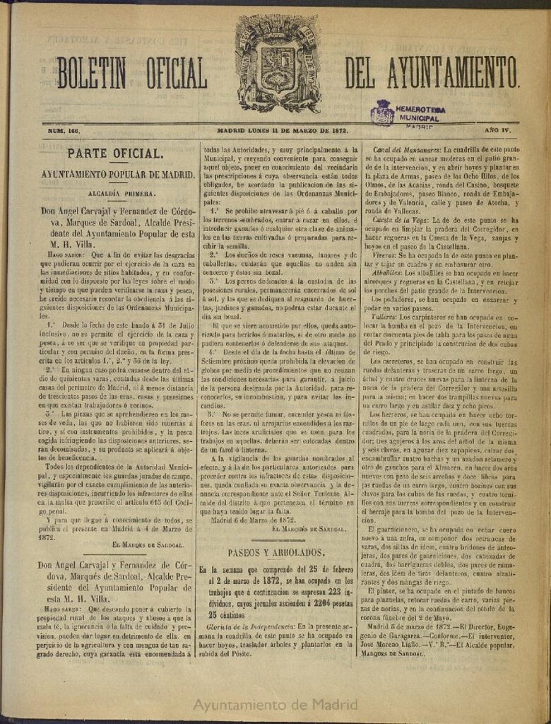 Miniatura de Boletín Oficial del Ayuntamiento de Madrid del 11 de marzo de 1872, nº 166