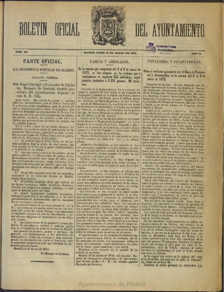 Miniatura de Boletín Oficial del Ayuntamiento de Madrid del 18 de marzo de 1872, nº 167
