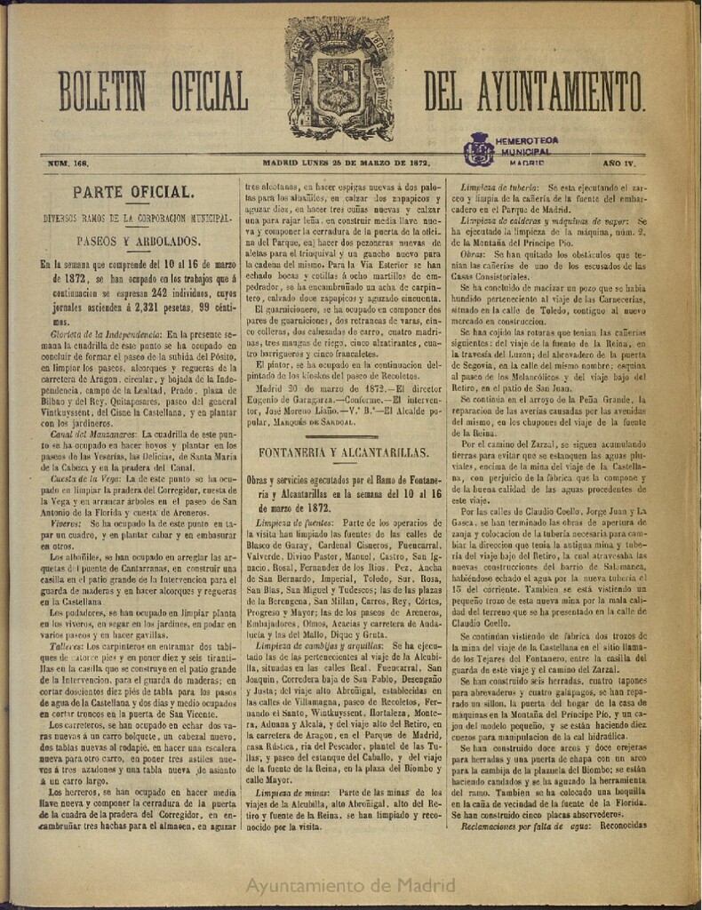 Miniatura de Boletín Oficial del Ayuntamiento de Madrid del 25 de marzo de 1872, nº 168
