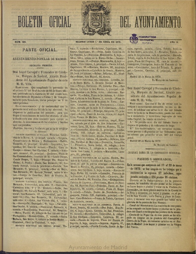 Miniatura de Boletín Oficial del Ayuntamiento de Madrid del 1 de abril de 1872, nº 169