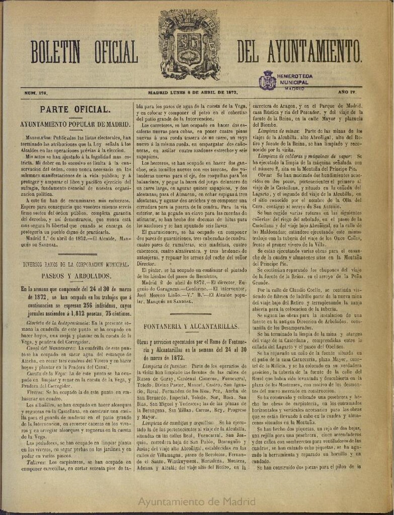 Miniatura de Boletín Oficial del Ayuntamiento de Madrid del 8 de abril de 1872, nº 170
