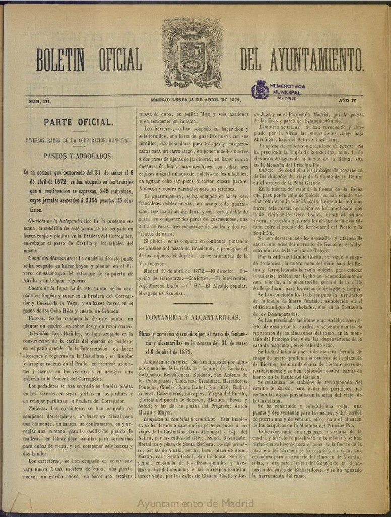 Miniatura de Boletín Oficial del Ayuntamiento de Madrid del 15 de abril de 1872, nº 171