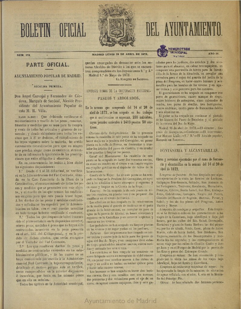 Miniatura de Boletín Oficial del Ayuntamiento de Madrid del 29 de abril de 1872, nº 173