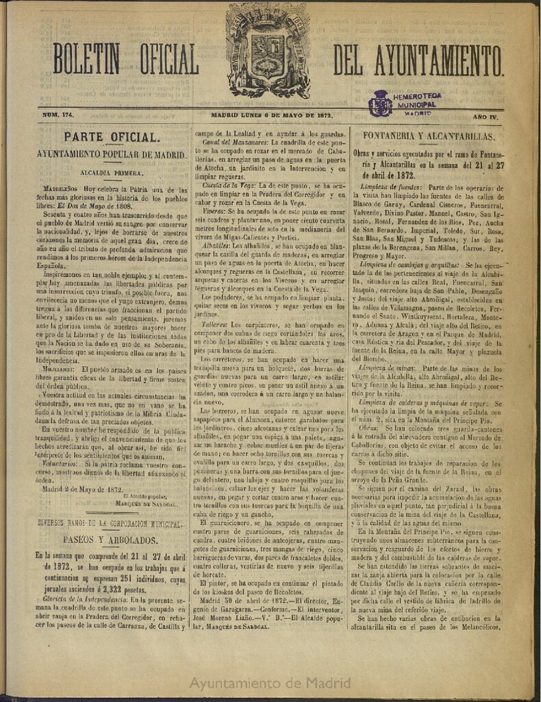 Miniatura de Boletín Oficial del Ayuntamiento de Madrid del 6 de mayo de 1872, nº 174