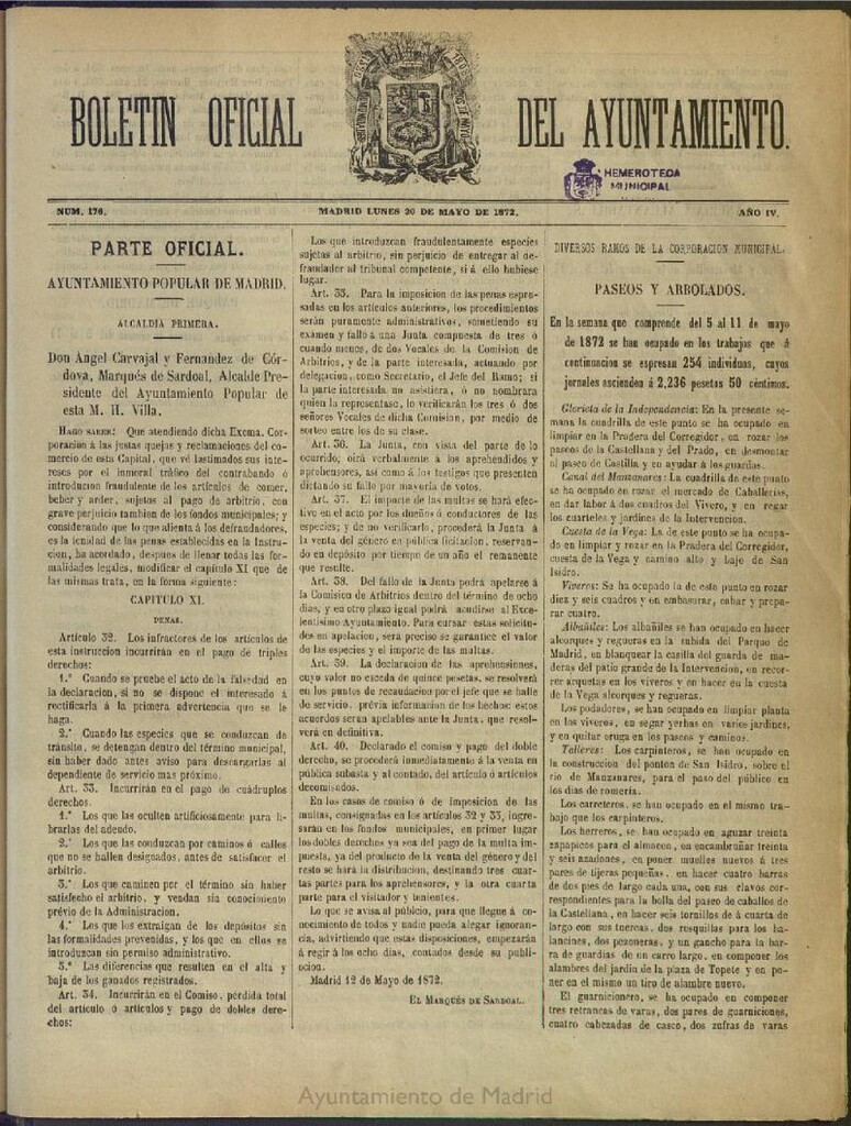 Miniatura de Boletín Oficial del Ayuntamiento de Madrid del 20 de mayo de 1872, nº 176