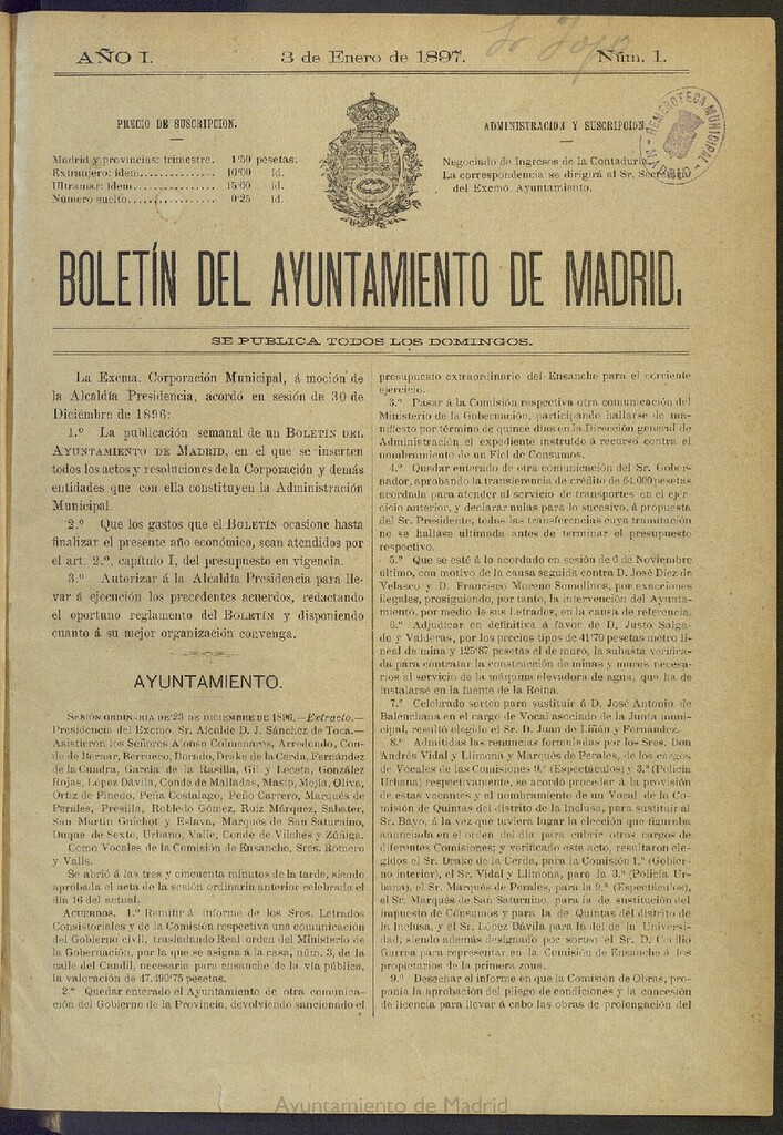 Miniatura de Boletín Oficial del Ayuntamiento de Madrid del 3 de enero de 1897, nº 1