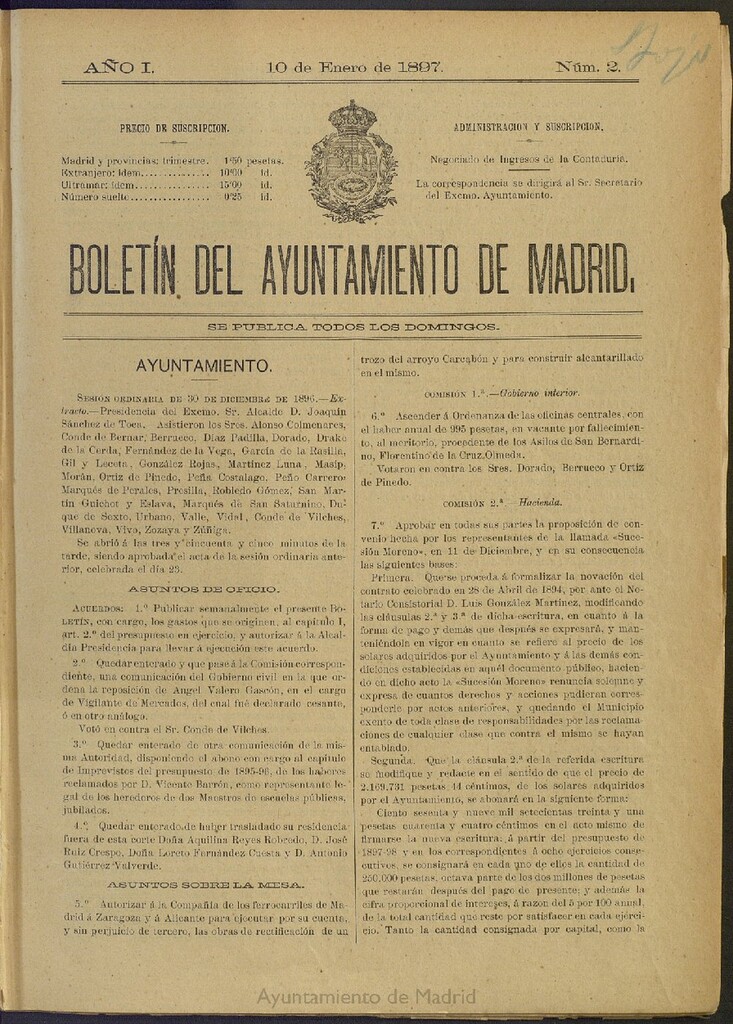 Miniatura de Boletín Oficial del Ayuntamiento de Madrid del 10 de enero de 1897, nº 2