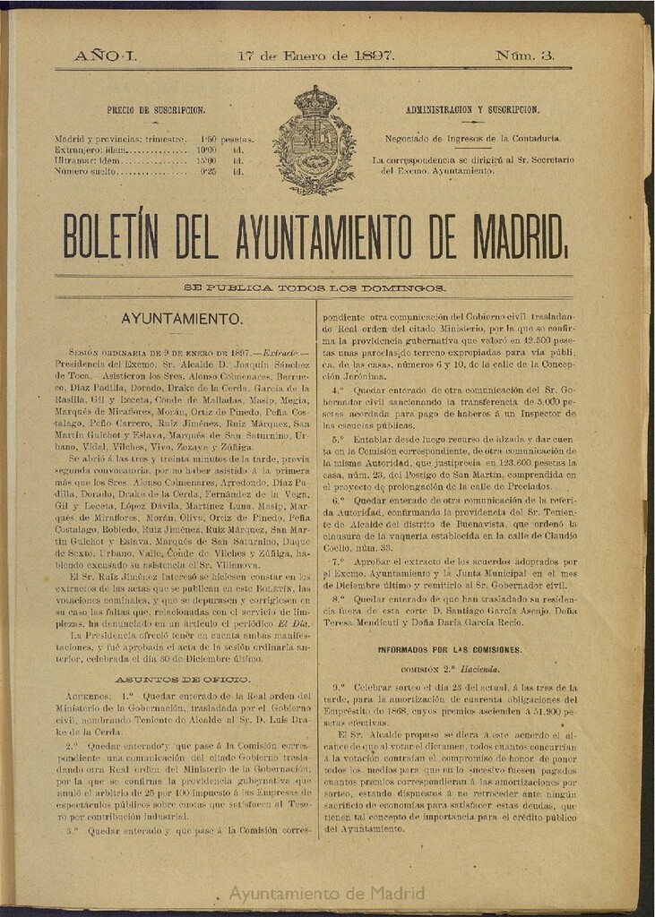 Miniatura de Boletín Oficial del Ayuntamiento de Madrid del 17 de enero de 1897, nº 3