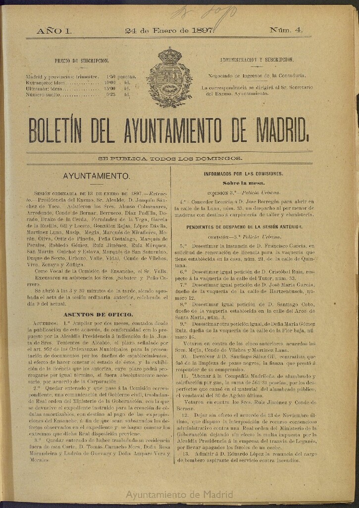 Miniatura de Boletín Oficial del Ayuntamiento de Madrid del 24 de enero de 1897, nº 4