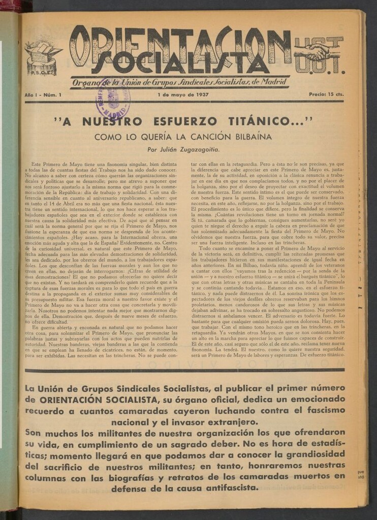 Miniatura de Orientación Socialista : órgano de la Unión de Grupos Sindicales Socialistas de Madrid