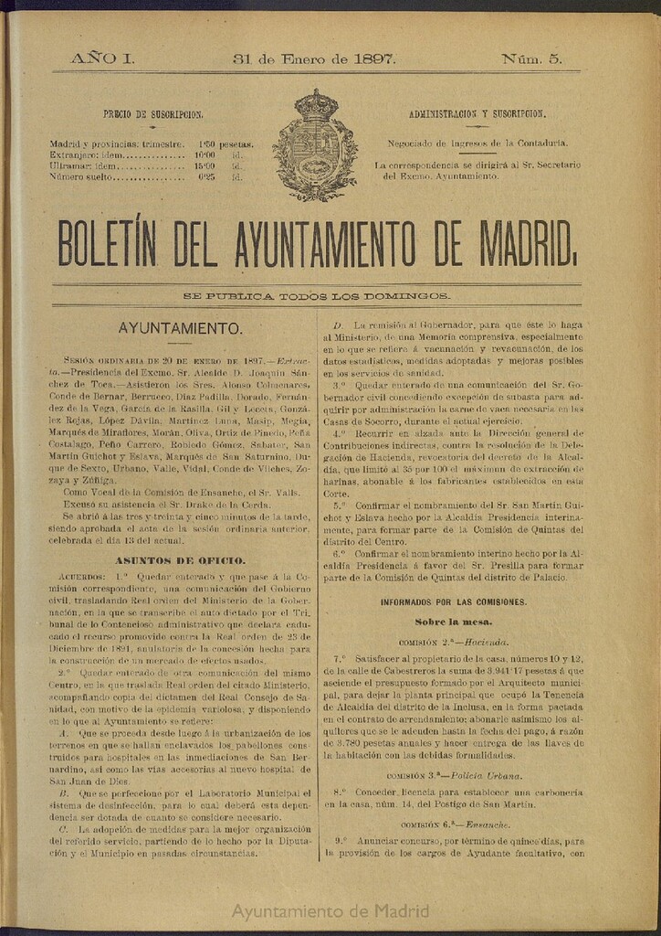 Miniatura de Boletín Oficial del Ayuntamiento de Madrid del 31 de enero de 1897, nº 5
