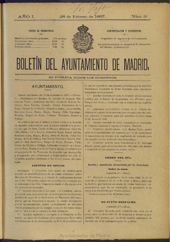 Miniatura de Boletín Oficial del Ayuntamiento de Madrid del 28 de febrero de 1897, nº 9
