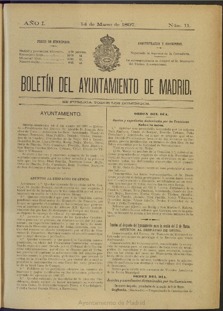 Miniatura de Boletín Oficial del Ayuntamiento de Madrid del 14 de marzo de 1897, nº 11