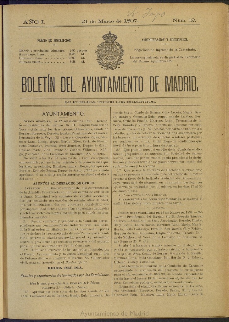 Miniatura de Boletín Oficial del Ayuntamiento de Madrid del 21 de marzo de 1897, nº 12