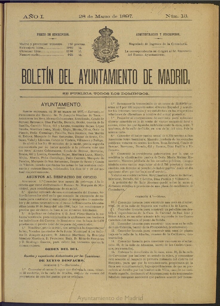 Miniatura de Boletín Oficial del Ayuntamiento de Madrid del 28 de marzo de 1897, nº 13