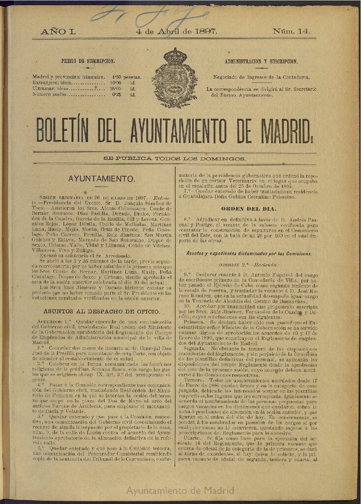 Miniatura de Boletín Oficial del Ayuntamiento de Madrid del 4 de abril de 1897, nº 14