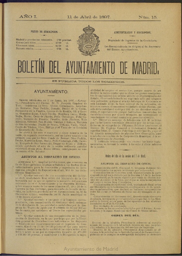 Miniatura de Boletín Oficial del Ayuntamiento de Madrid del 11 de abril de 1897, nº 15