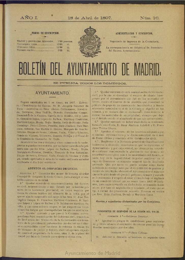 Miniatura de Boletín Oficial del Ayuntamiento de Madrid del 18 de abril de 1897, nº 16