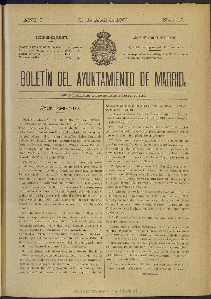 Miniatura de Boletín Oficial del Ayuntamiento de Madrid del 25 de abril de 1897, nº 17