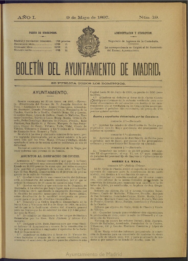Miniatura de Boletín Oficial del Ayuntamiento de Madrid del 9 de mayo de 1897, nº 19