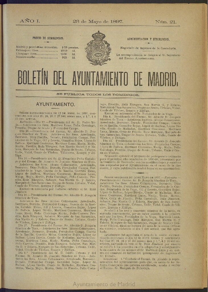 Miniatura de Boletín Oficial del Ayuntamiento de Madrid del 23 de mayo de 1897, nº 21