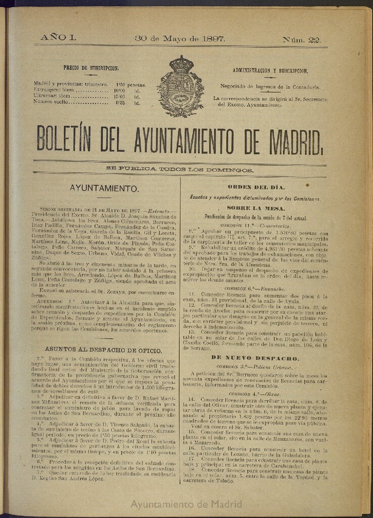 Miniatura de Boletín Oficial del Ayuntamiento de Madrid del 30 de mayo de 1897, nº 22