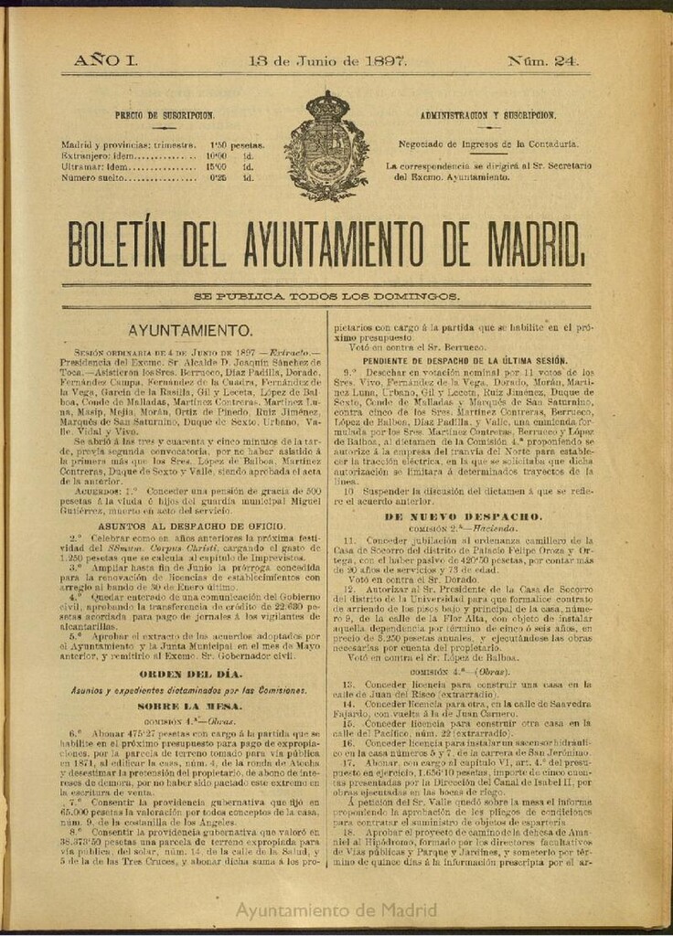 Miniatura de Boletín Oficial del Ayuntamiento de Madrid del 13 de junio de 1897, nº 24