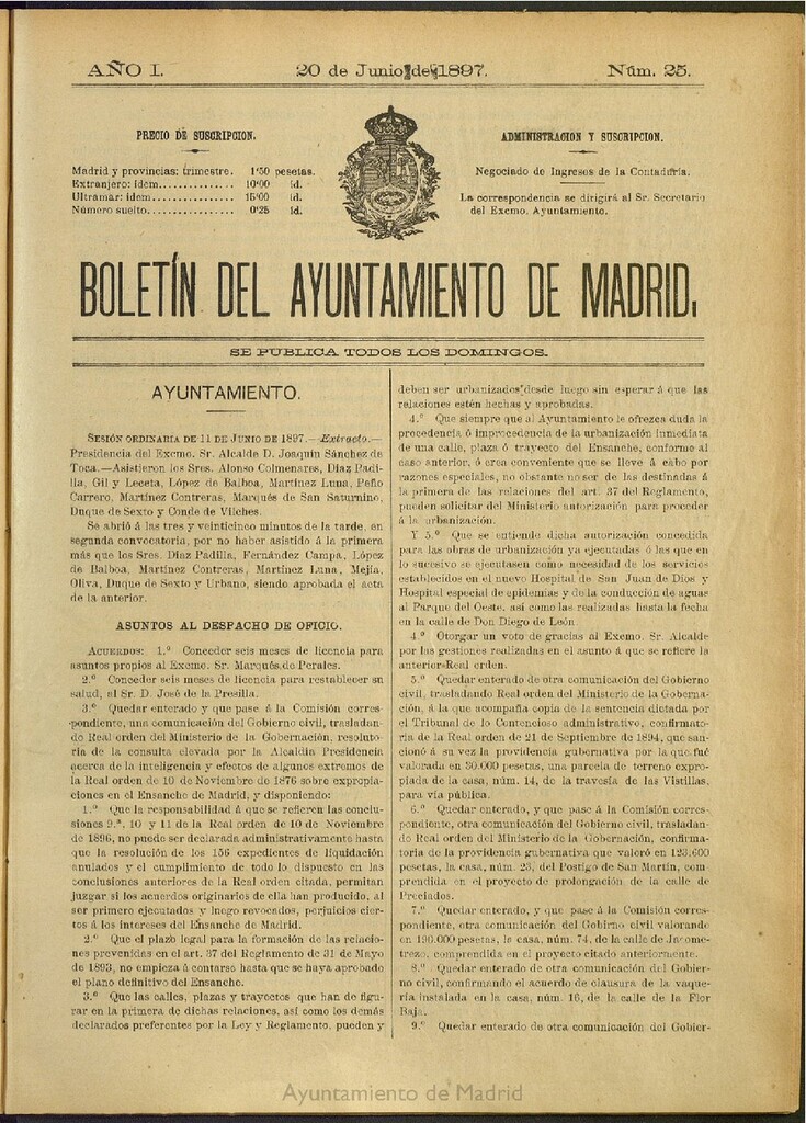 Miniatura de Boletín Oficial del Ayuntamiento de Madrid del 20 de junio de 1897, nº 25