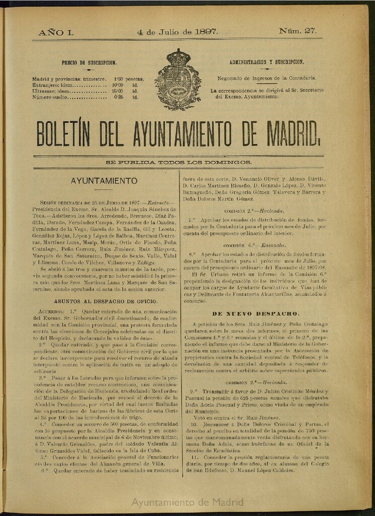 Miniatura de Boletín Oficial del Ayuntamiento de Madrid del 4 de julio de 1897, nº 27