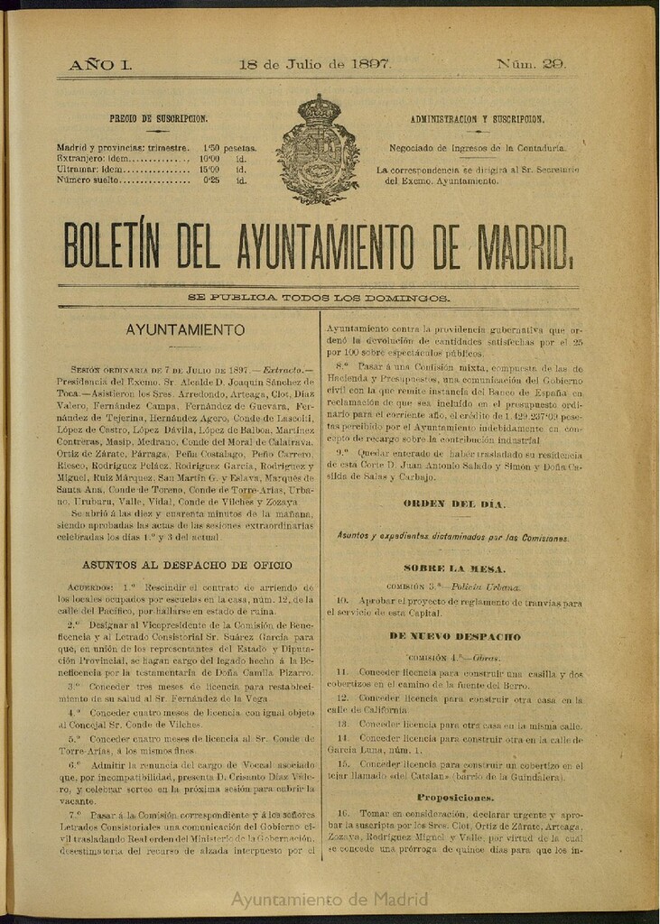 Miniatura de Boletín Oficial del Ayuntamiento de Madrid del 18 de julio de 1897, nº 29
