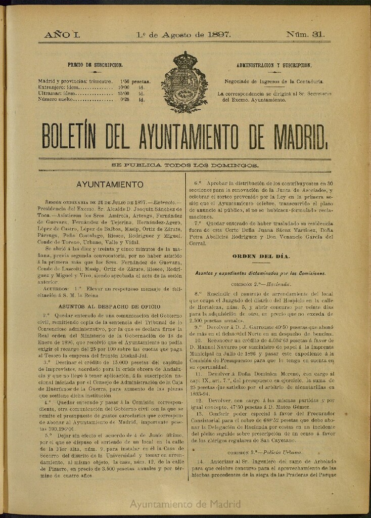 Miniatura de Boletín Oficial del Ayuntamiento de Madrid del 1 de agosto de 1897, nº 31