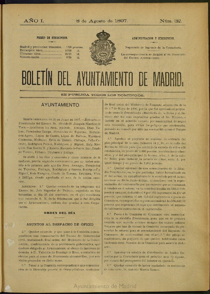 Miniatura de Boletín Oficial del Ayuntamiento de Madrid del 8 de agosto de 1897, nº 32