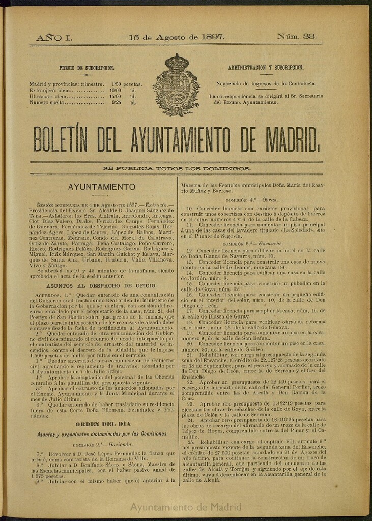Miniatura de Boletín Oficial del Ayuntamiento de Madrid del 15 de agosto de 1897, nº 33
