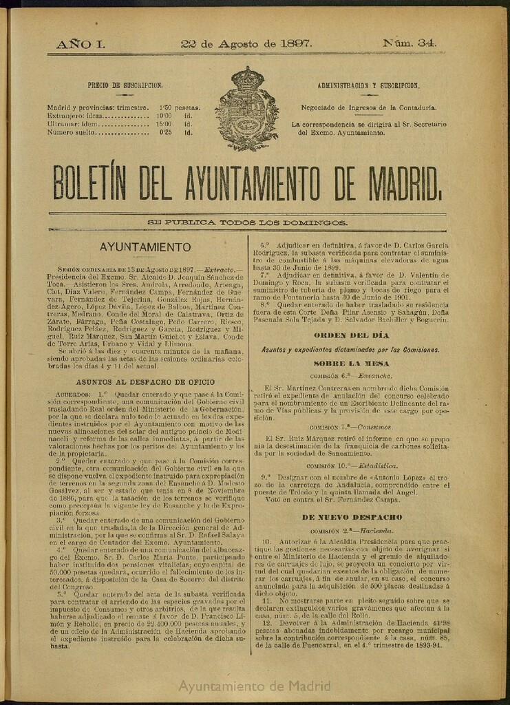 Miniatura de Boletín Oficial del Ayuntamiento de Madrid del 22 de agosto de 1897, nº 34