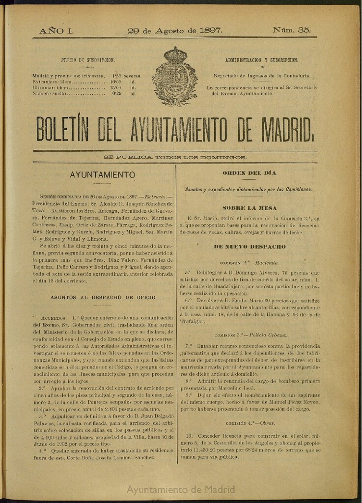 Miniatura de Boletín Oficial del Ayuntamiento de Madrid del 29 de agosto de 1897, nº 35