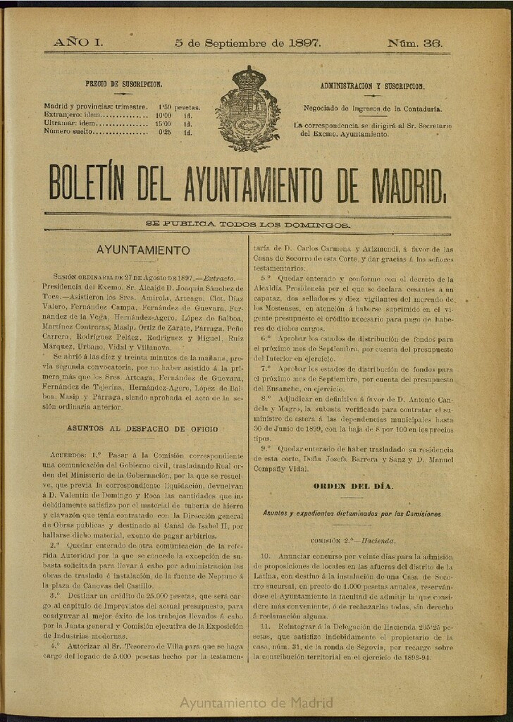Miniatura de Boletín Oficial del Ayuntamiento de Madrid del 5 de septiembre de 1897, nº 36