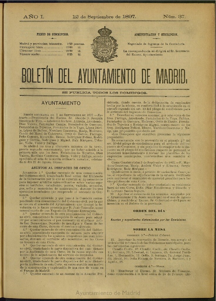 Miniatura de Boletín Oficial del Ayuntamiento de Madrid del 12 de septiembre de 1897, nº 37