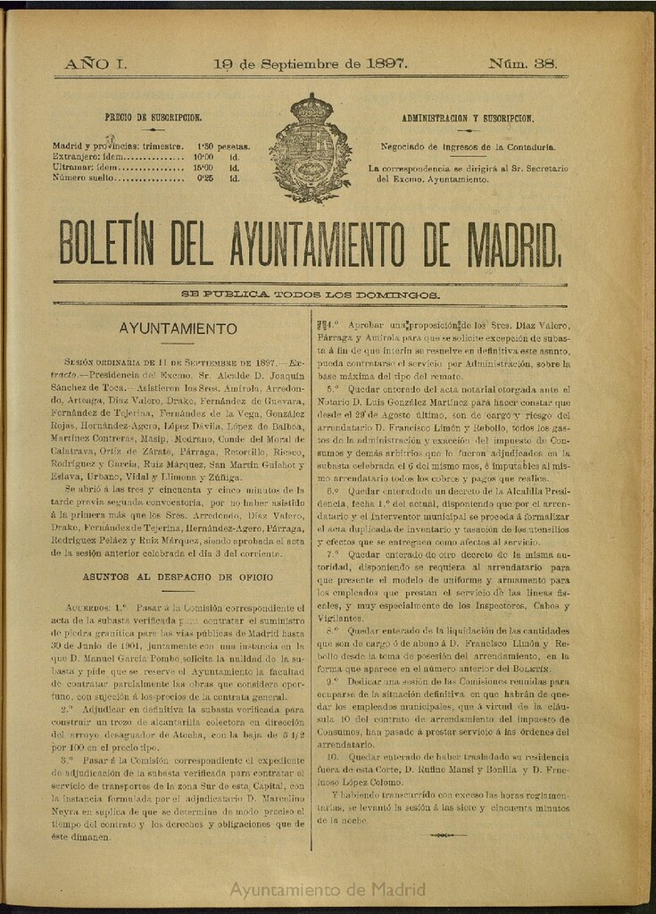 Miniatura de Boletín Oficial del Ayuntamiento de Madrid del 19 de septiembre de 1897, nº 38