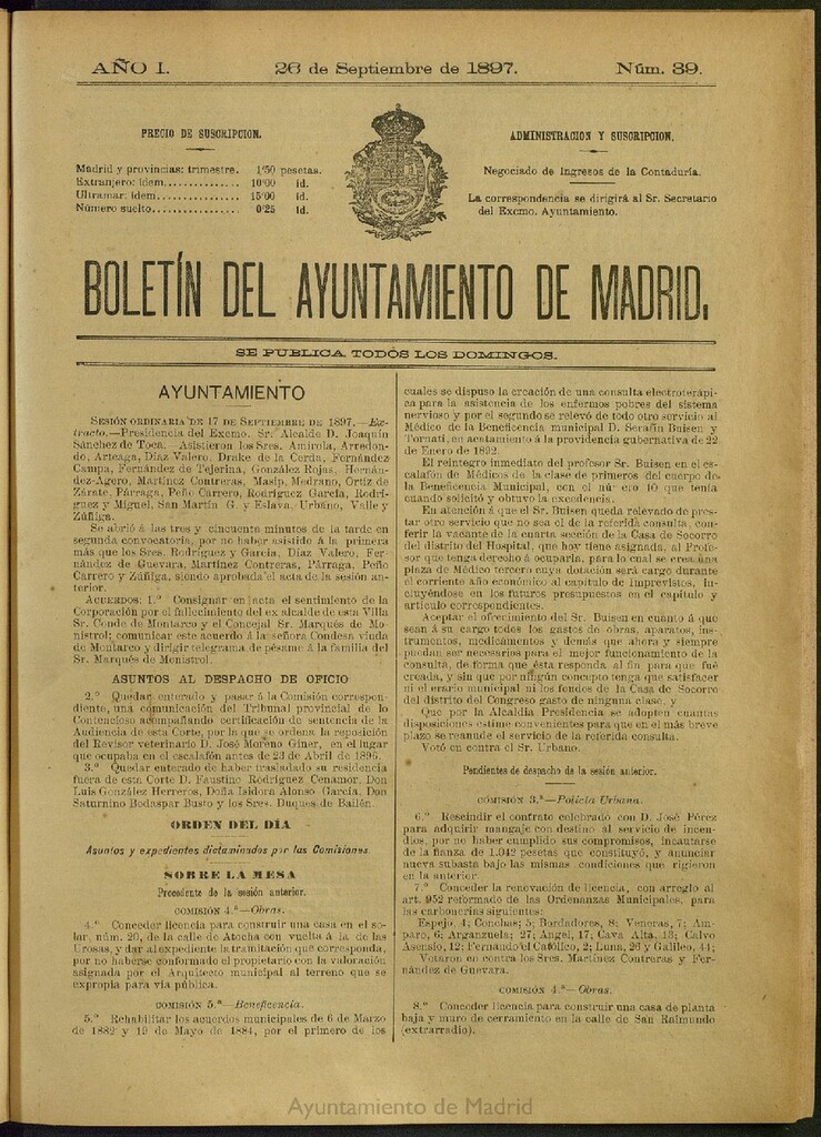 Miniatura de Boletín Oficial del Ayuntamiento de Madrid del 26 de septiembre de 1897, nº 39