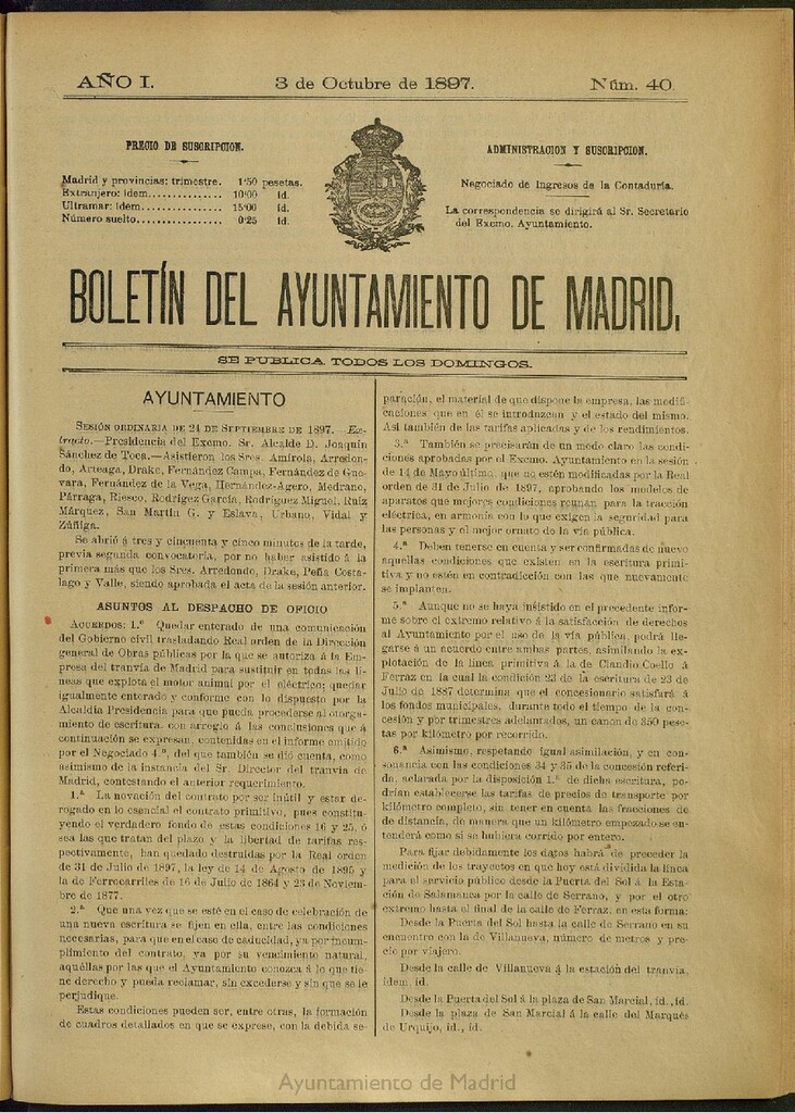 Miniatura de Boletín Oficial del Ayuntamiento de Madrid del 3 de octubre de 1897, nº 40