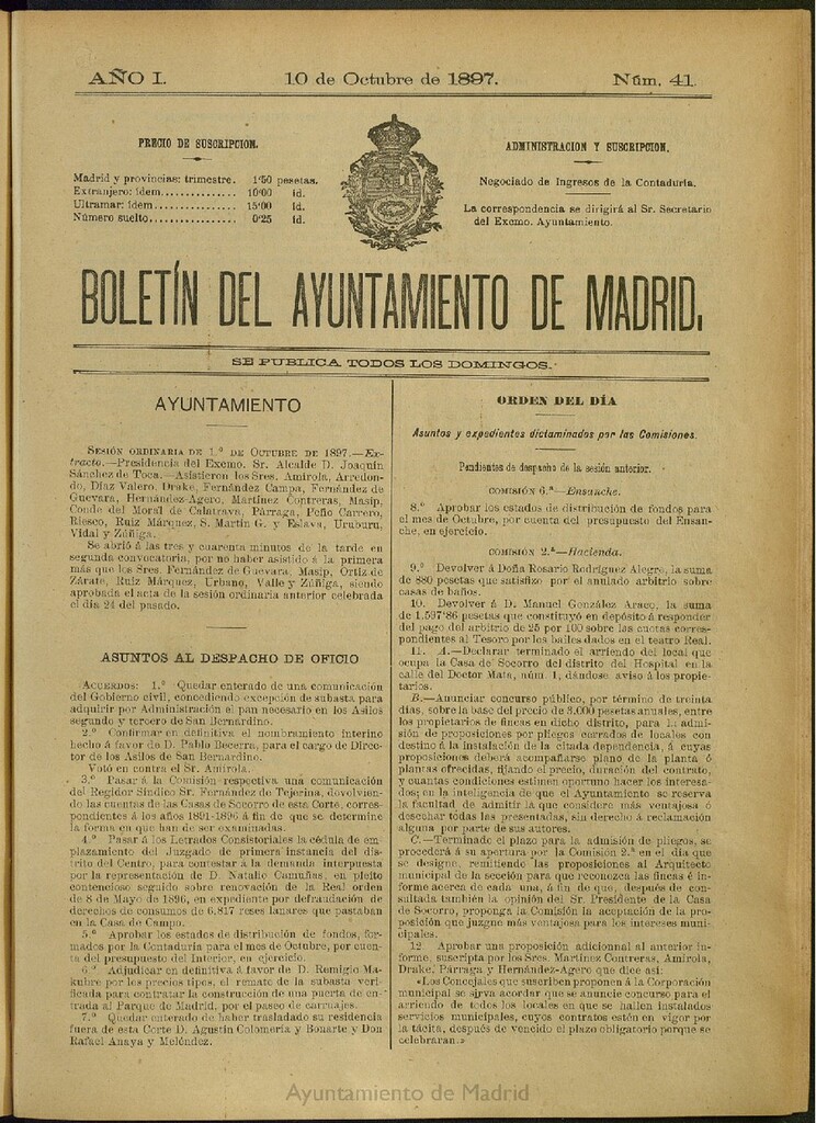 Miniatura de Boletín Oficial del Ayuntamiento de Madrid del 10 de octubre de 1897, nº 41