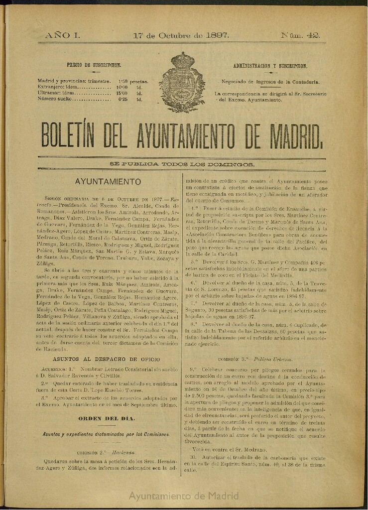 Miniatura de Boletín Oficial del Ayuntamiento de Madrid del 17 de octubre de 1897, nº 42