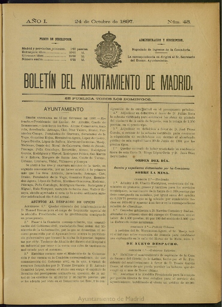 Miniatura de Boletín Oficial del Ayuntamiento de Madrid del 24 de octubre de 1897, nº 43