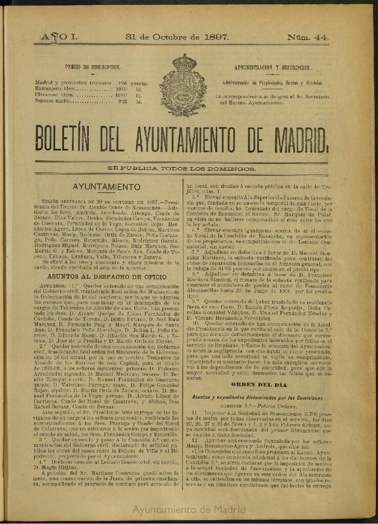 Miniatura de Boletín Oficial del Ayuntamiento de Madrid del 31 de octubre de 1897, nº 44